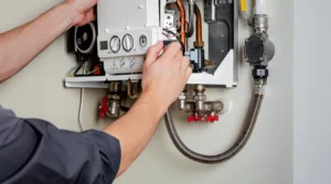 man checking water heater for repair and maintenance service